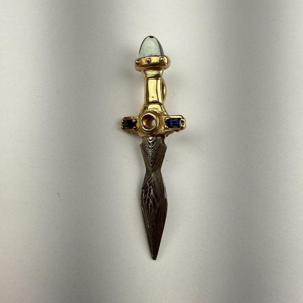 18K Yellow Gold Damascus Dagger Pendantβ Blue Gemstone Gothic Statement 6.47g